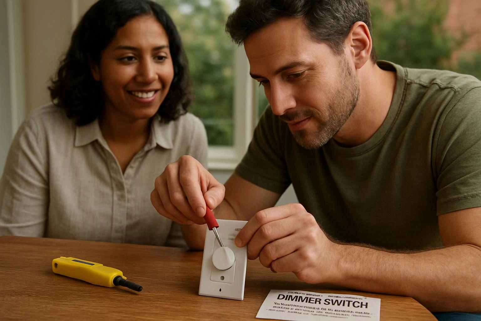 A man adjusts a dimmer switch with a screwdriver while a woman watches at a wooden table