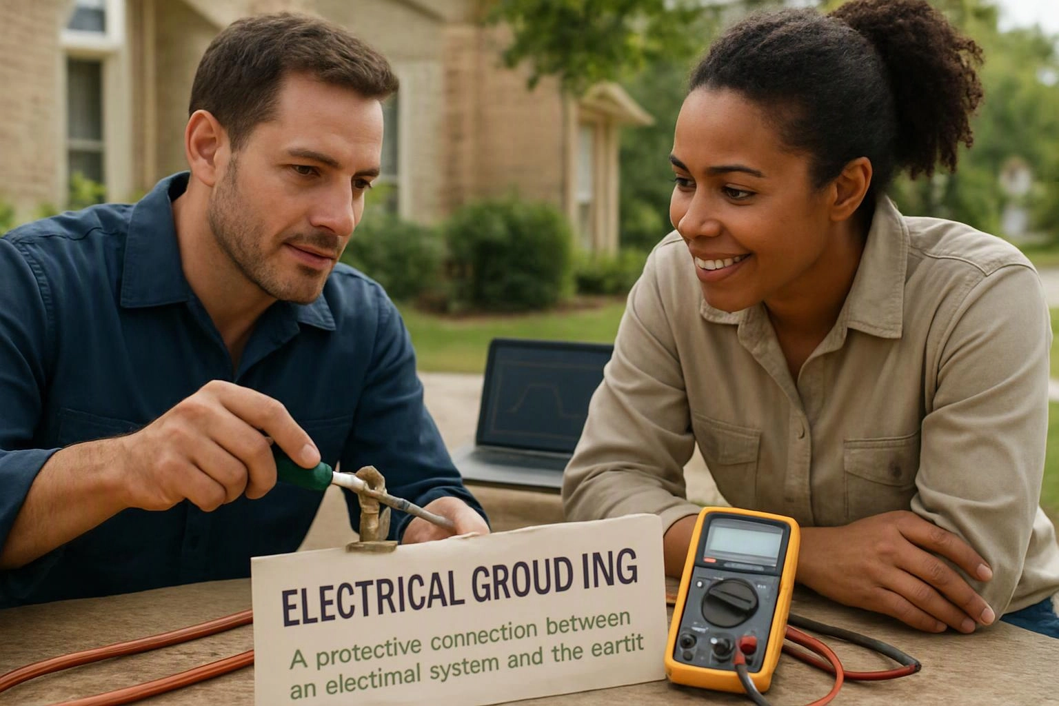 Two people lean over a table outdoors, one using a tool on a grounding display card beside a multimeter, a laptop behind them