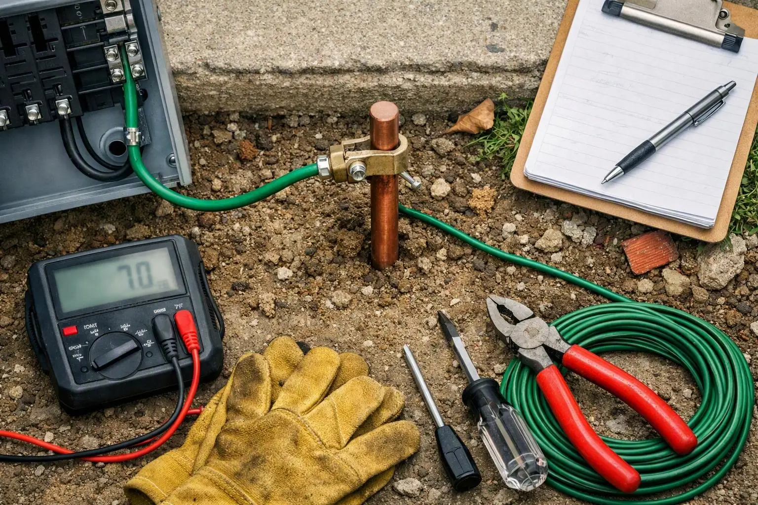 Electrical grounding tools and a clipboard lie on dirt beside a copper rod and panel box