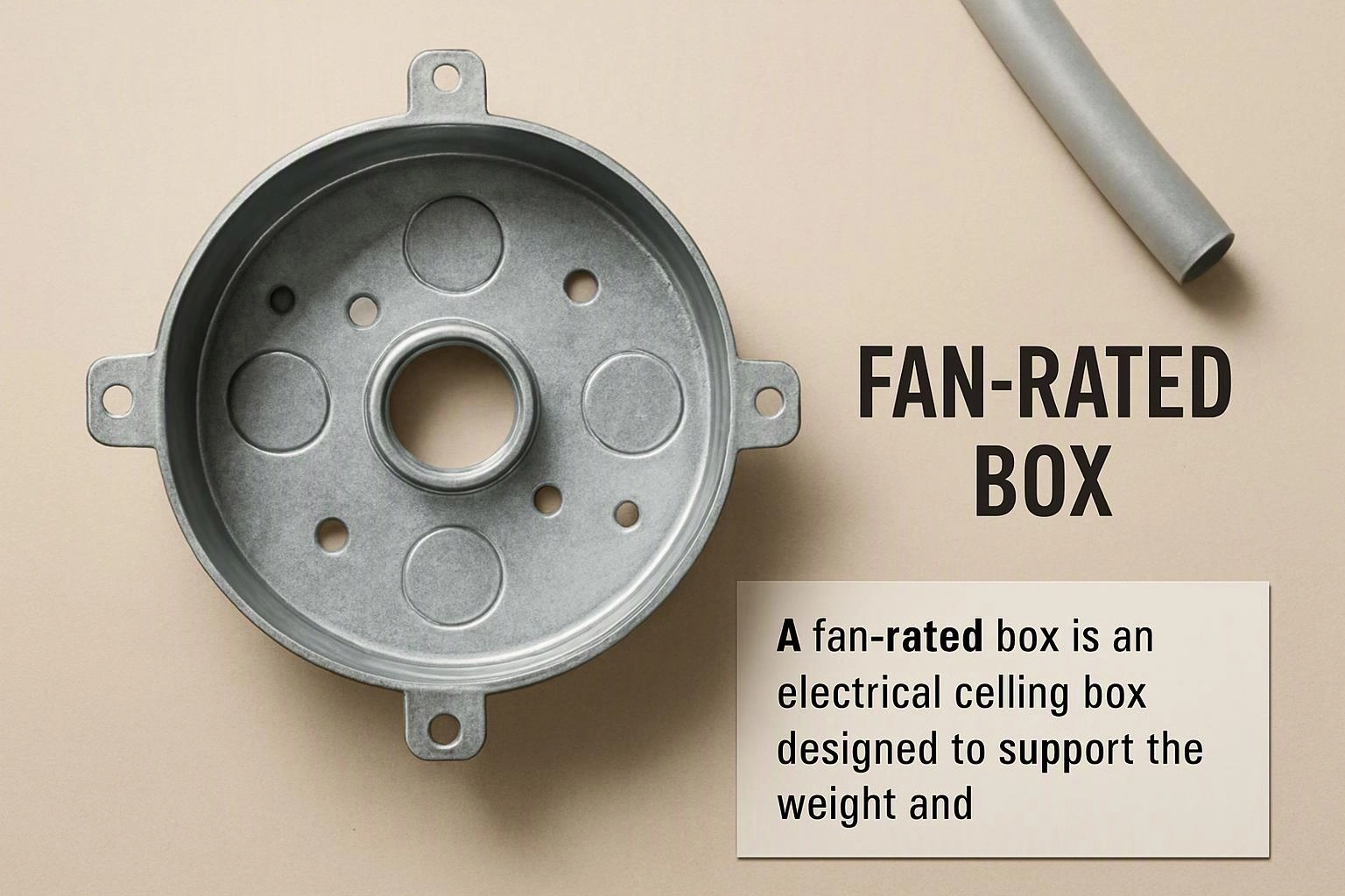 A metal electrical ceiling box sits beside the text "FAN-RATED BOX" on a beige background