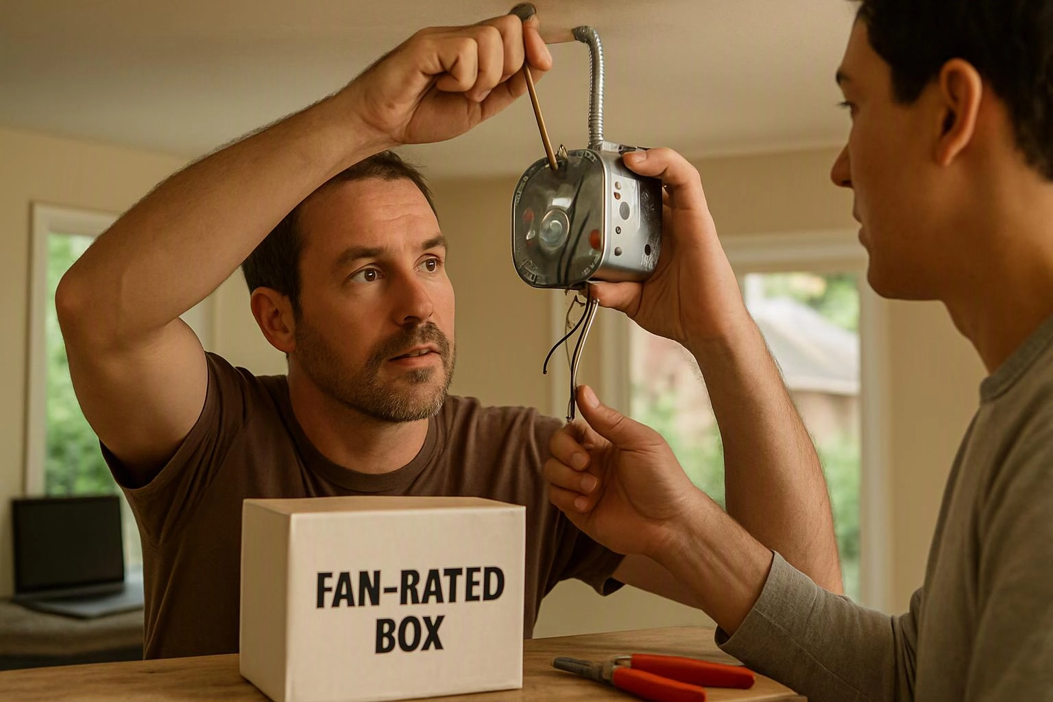 Two men install a metal electrical box indoors, with tools and a box labeled “FAN-RATED BOX” on the table