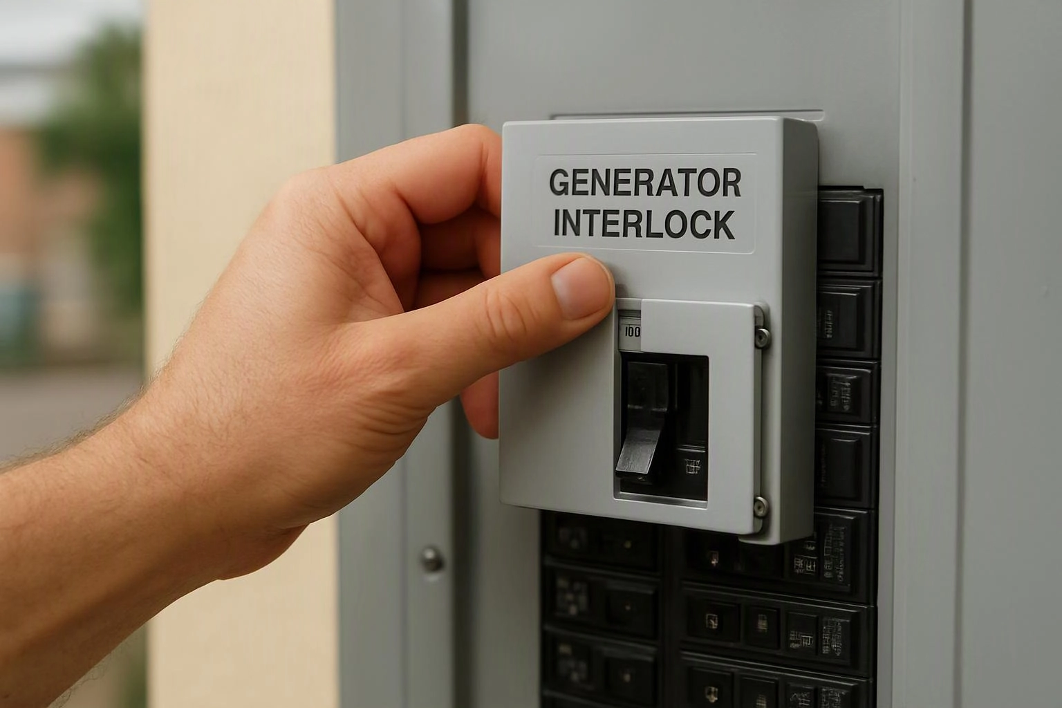 A hand adjusts a gray generator interlock cover on an electrical breaker panel outdoors