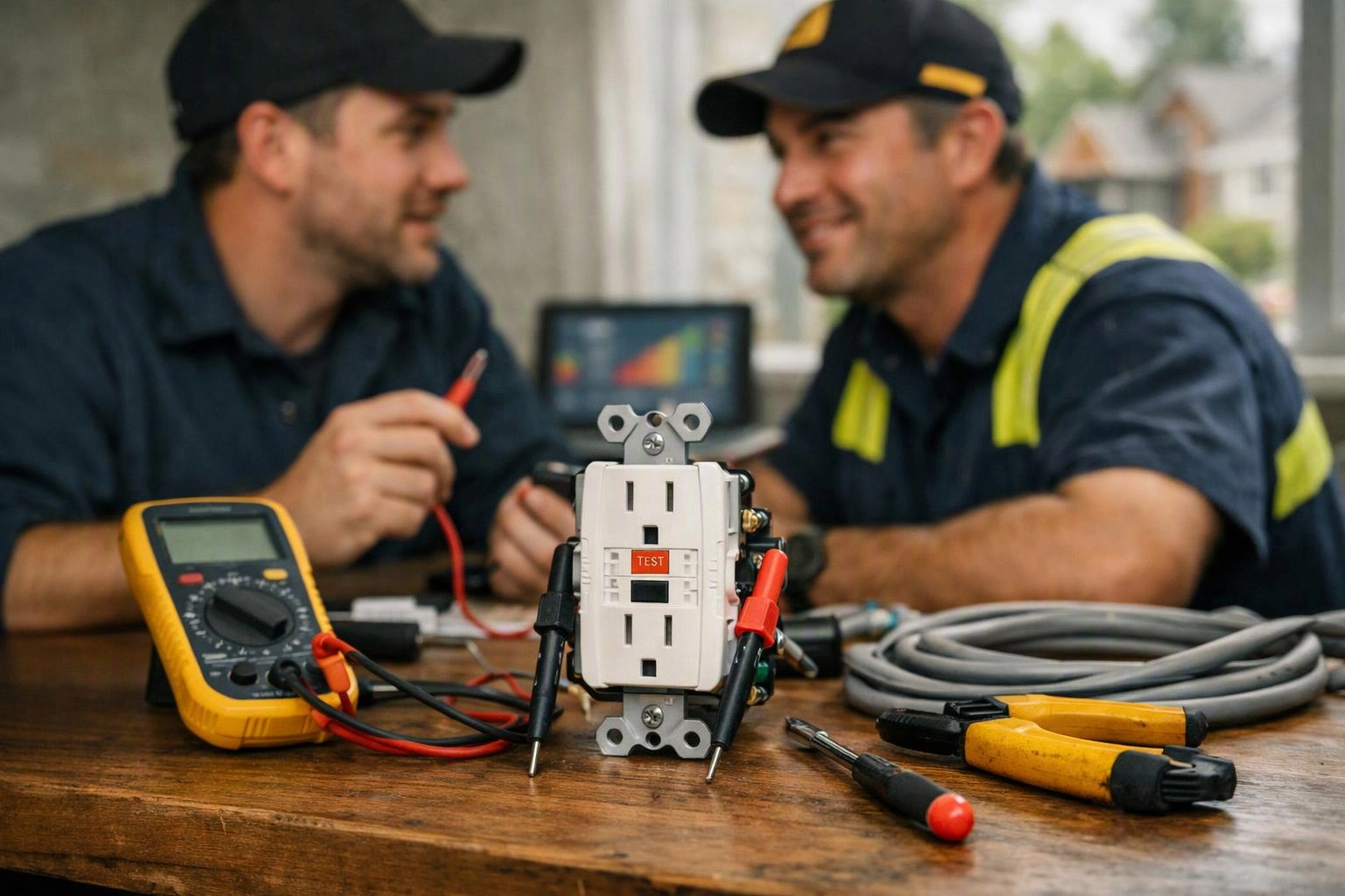 Two electricians talk behind a table of test tools, wires, and a white outlet in a workshop