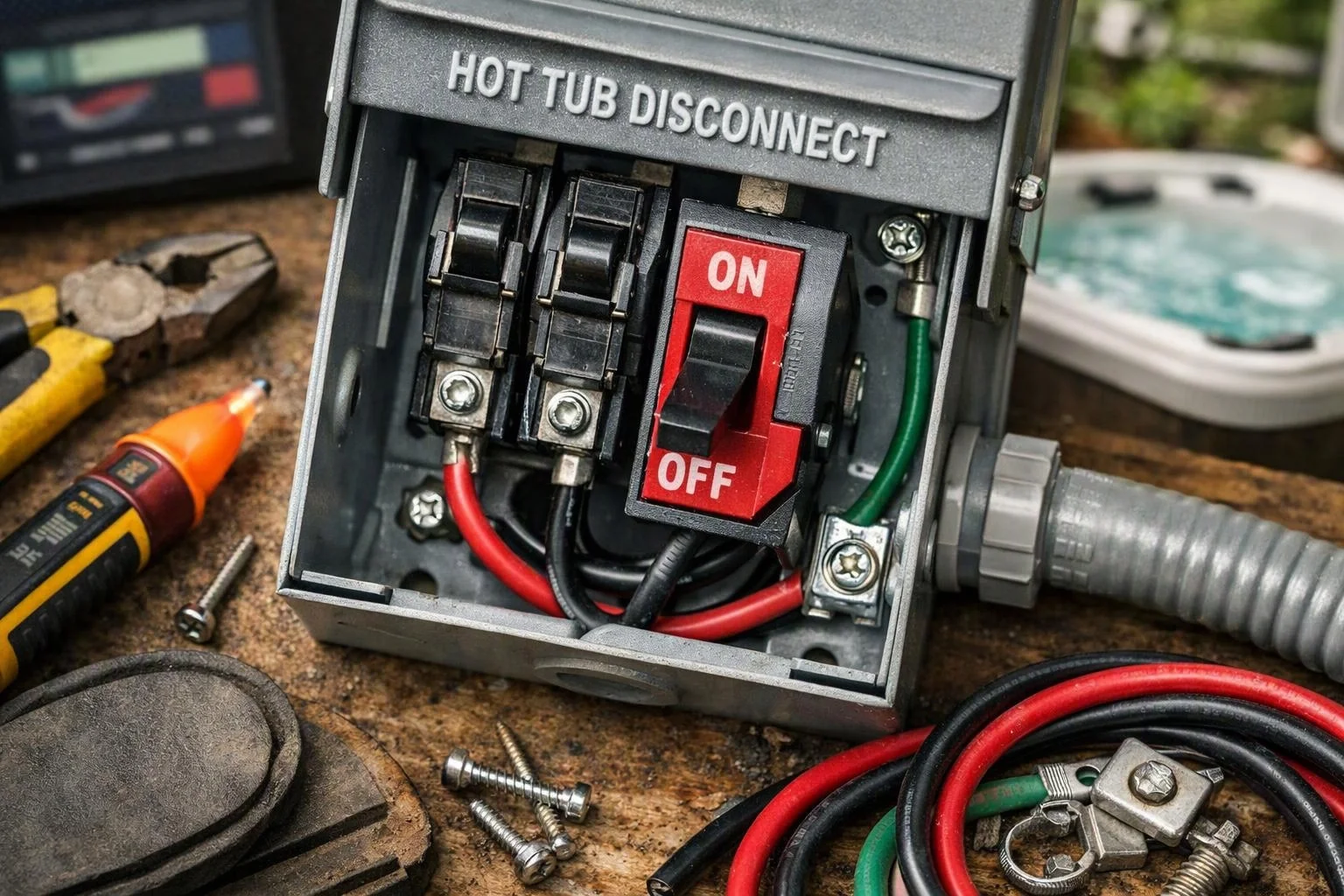 A hot tub disconnect box with red and black wiring sits on a workbench beside tools and screws