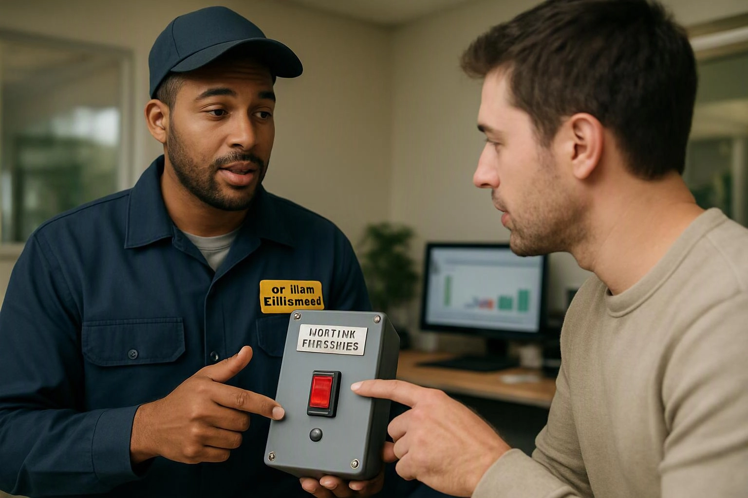 Two men study a small switch box with a red button in a bright office setting