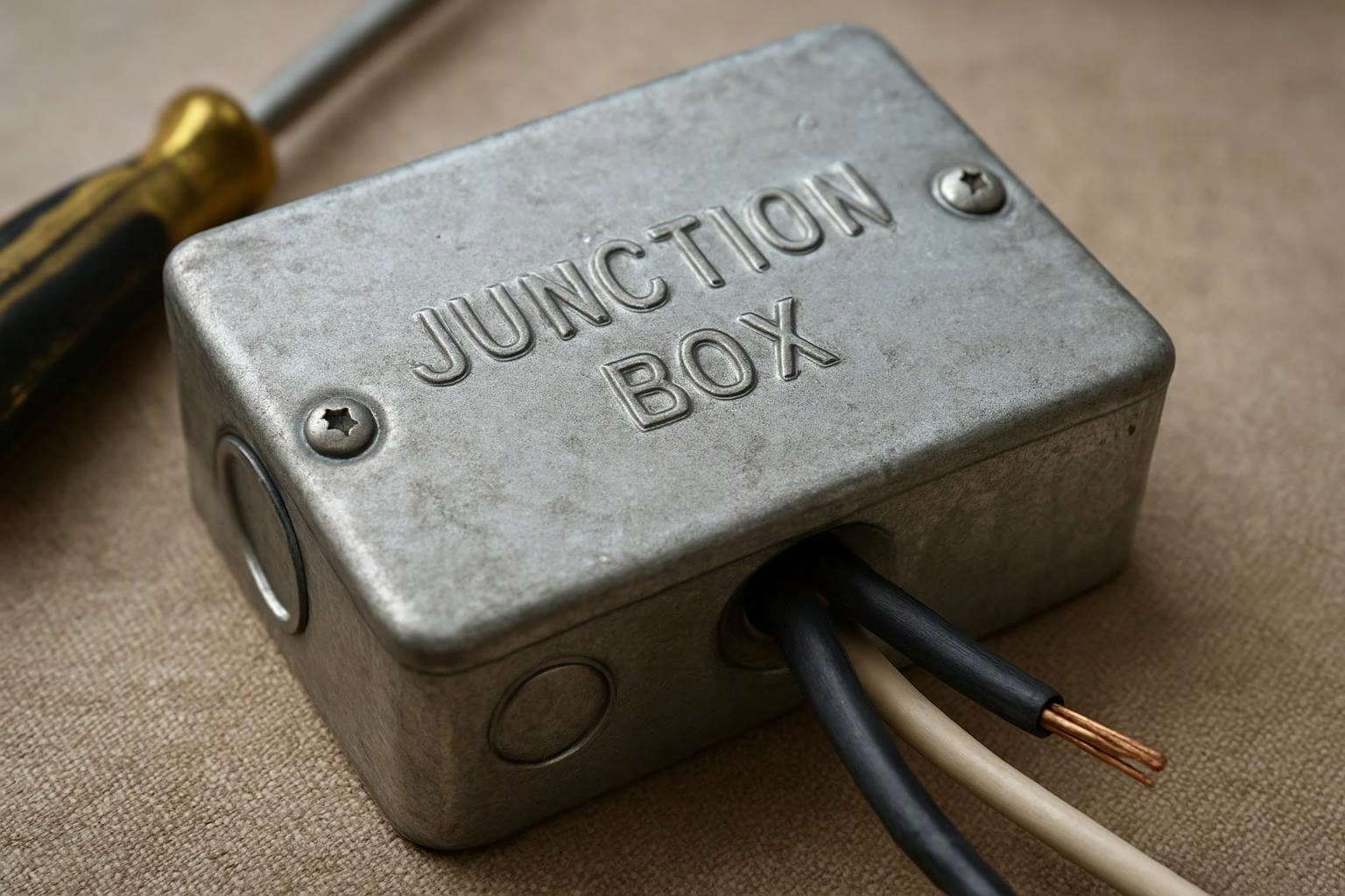 A metal junction box with exposed wires sits on a beige surface, with a screwdriver partly visible behind it