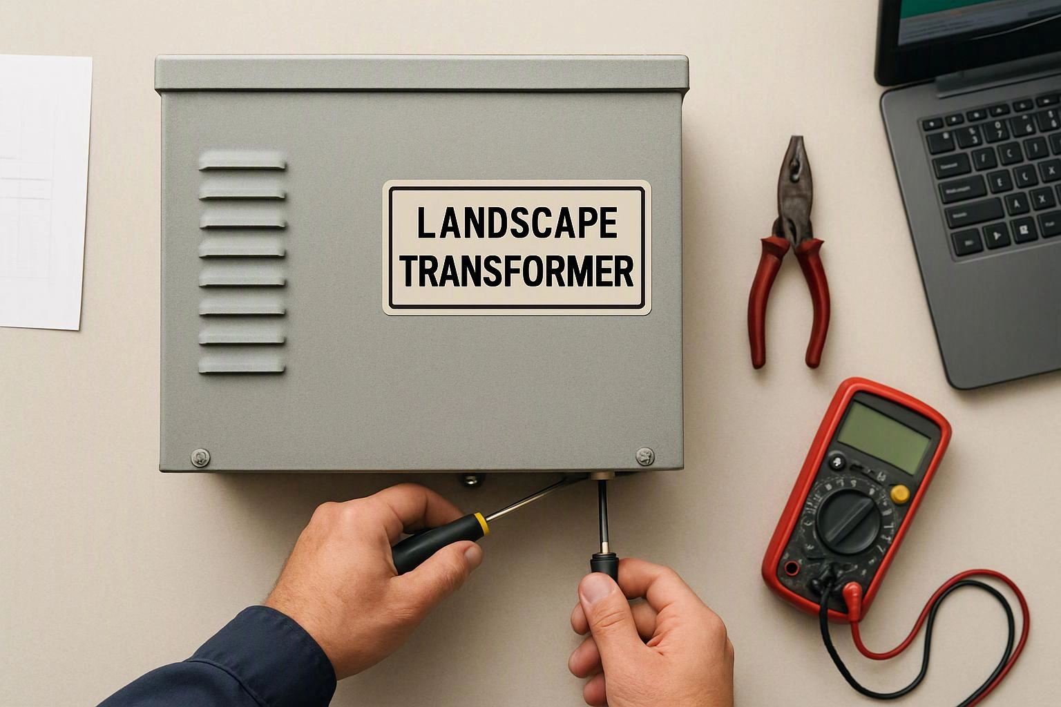 Hands use screwdrivers on a gray metal box labeled “LANDSCAPE TRANSFORMER” beside tools and a laptop on a desk