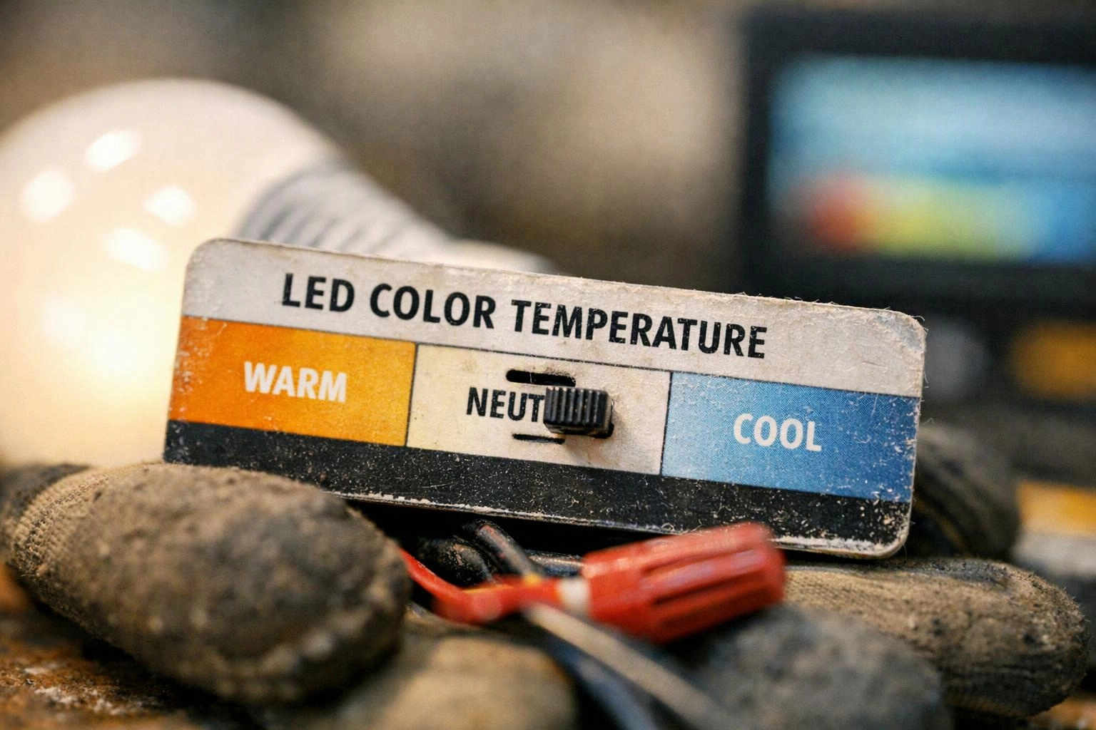 Close-up of a dusty LED color temperature slider showing warm, neutral