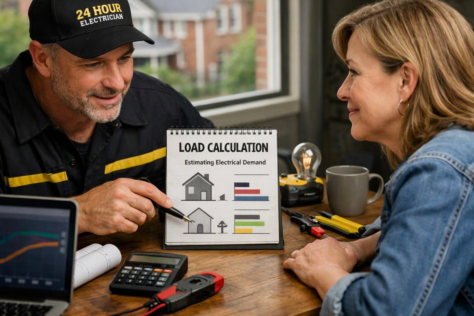 An electrician shows a load calculation chart to a woman at a table with tools and a laptop