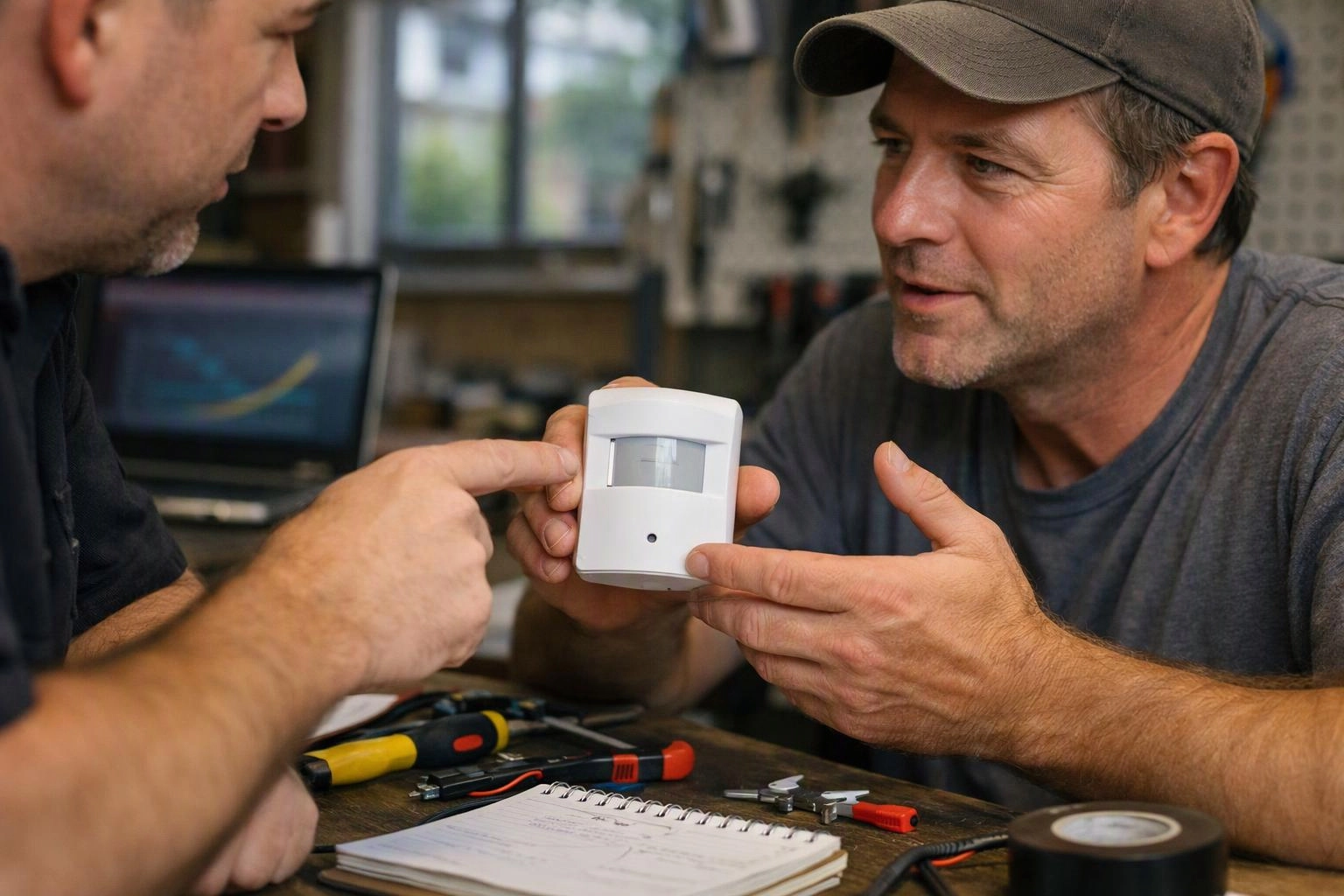 Two men examine a white motion sensor at a workbench with tools and a notebook in a workshop