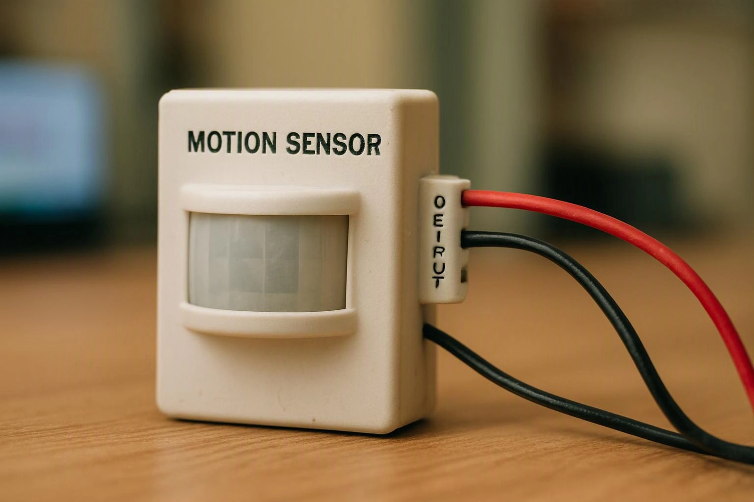 A small motion sensor with red and black wires sits on a wooden surface with a blurred background