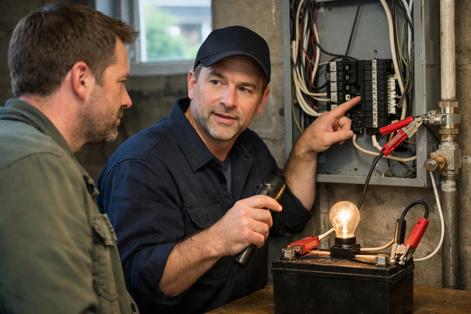 Two men inspect an electrical panel, with one pointing at wiring while a lit bulb and battery sit on the table