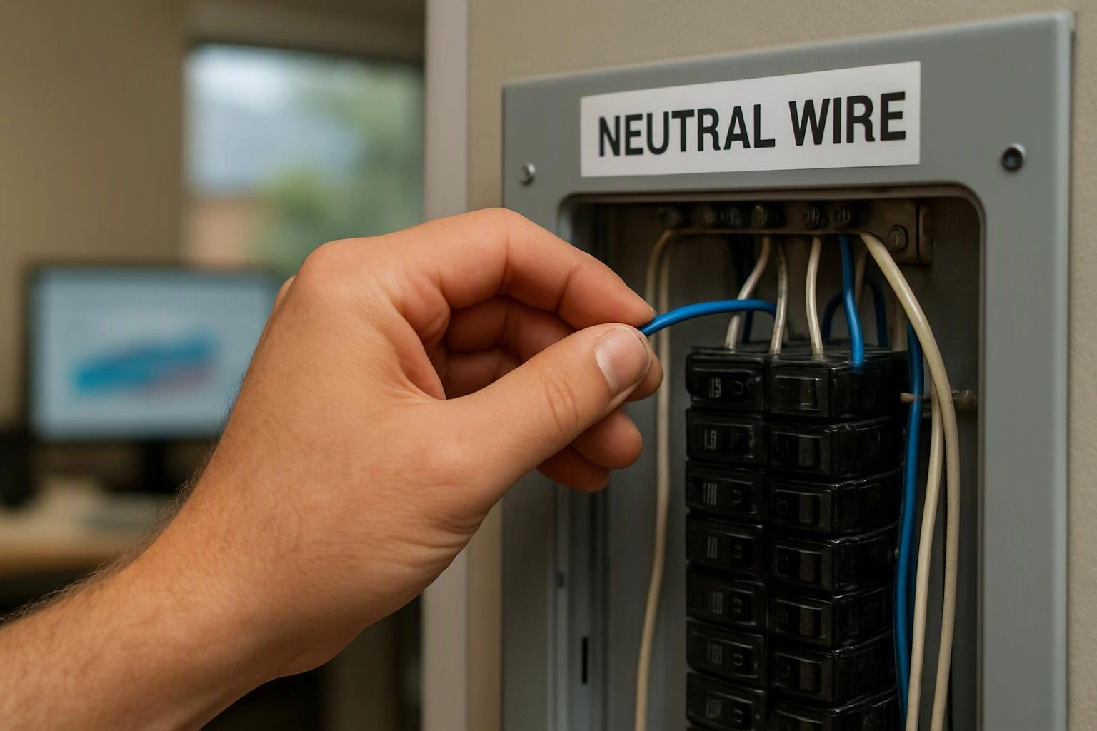 A hand connects a blue wire inside an electrical breaker panel labeled “NEUTRAL WIRE”