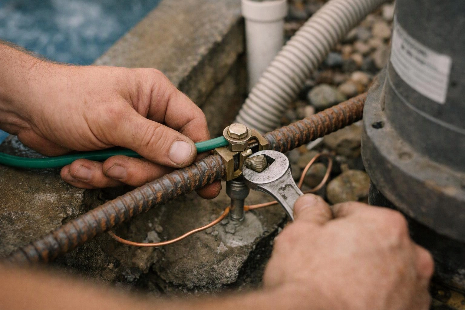 Hands use a wrench to tighten a grounding clamp on a rusted metal rod outdoors