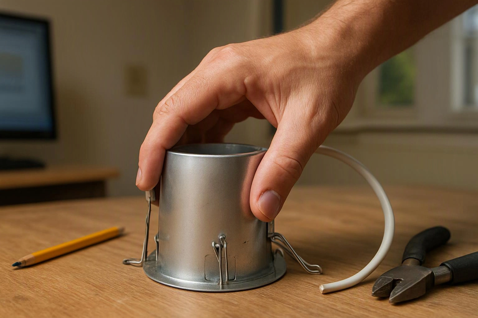 A hand holds a small metal cylinder on a wooden table beside a pencil, pliers, and a white cable