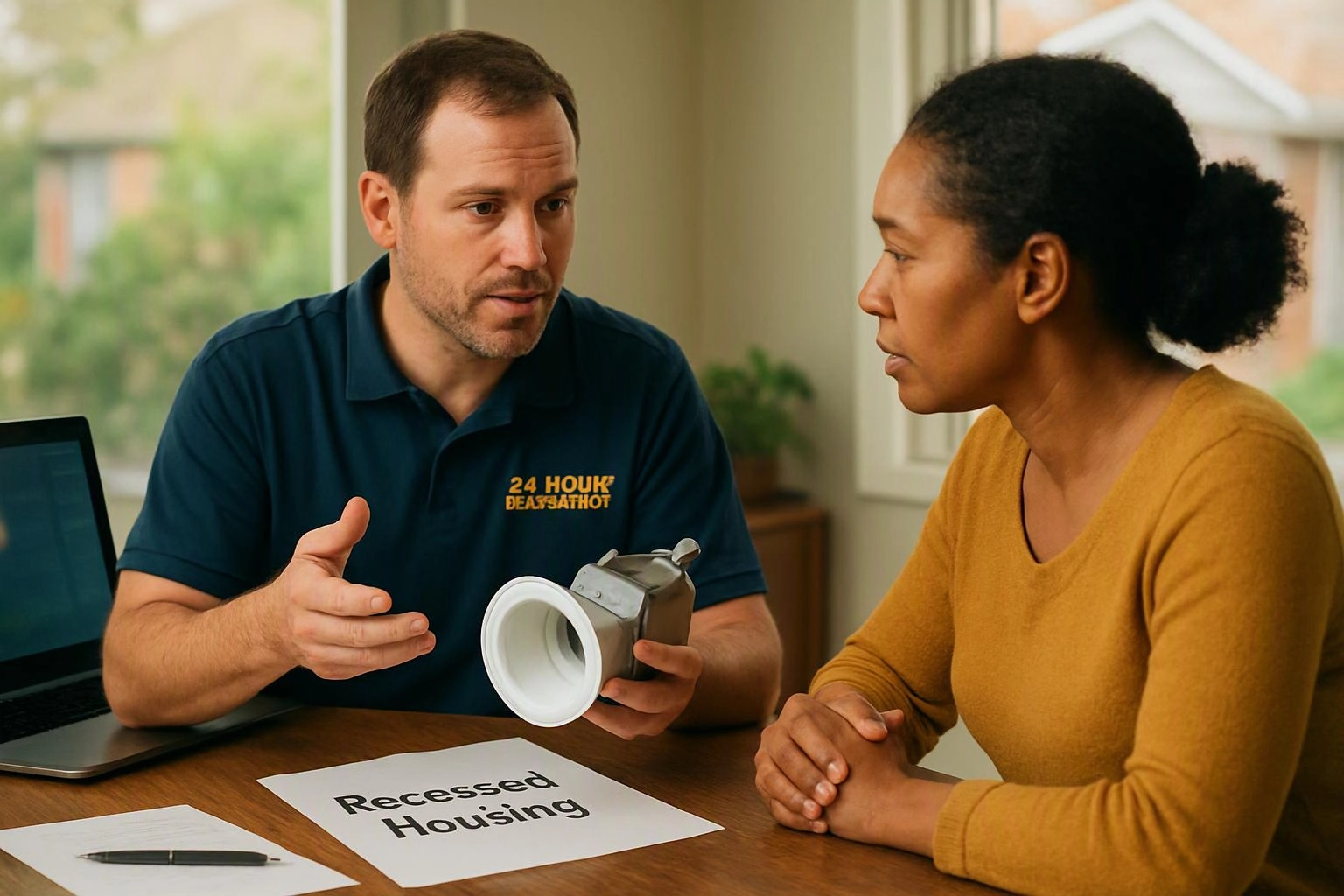 A man explains a plumbing part to a woman across a table with housing papers and a laptop