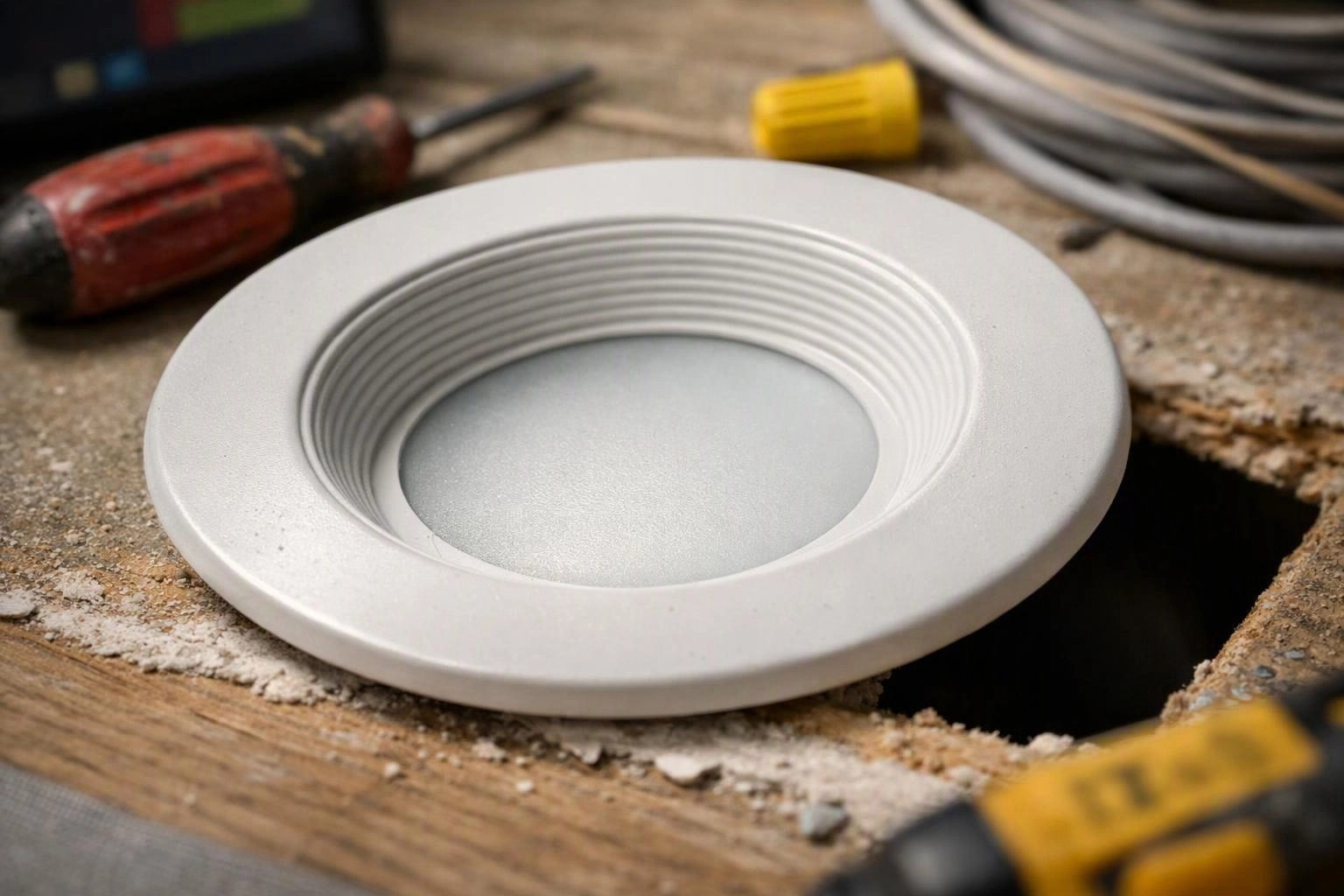 A recessed white round light trim sits in a cutout hole on a dusty wooden surface with tools nearby