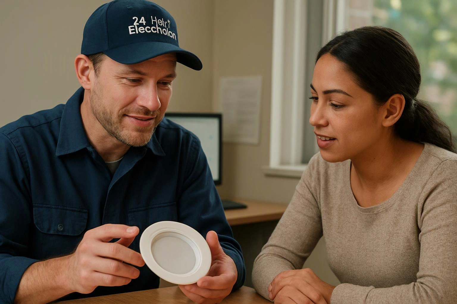 A man in a navy cap shows a white round device to a woman at a desk inside an office