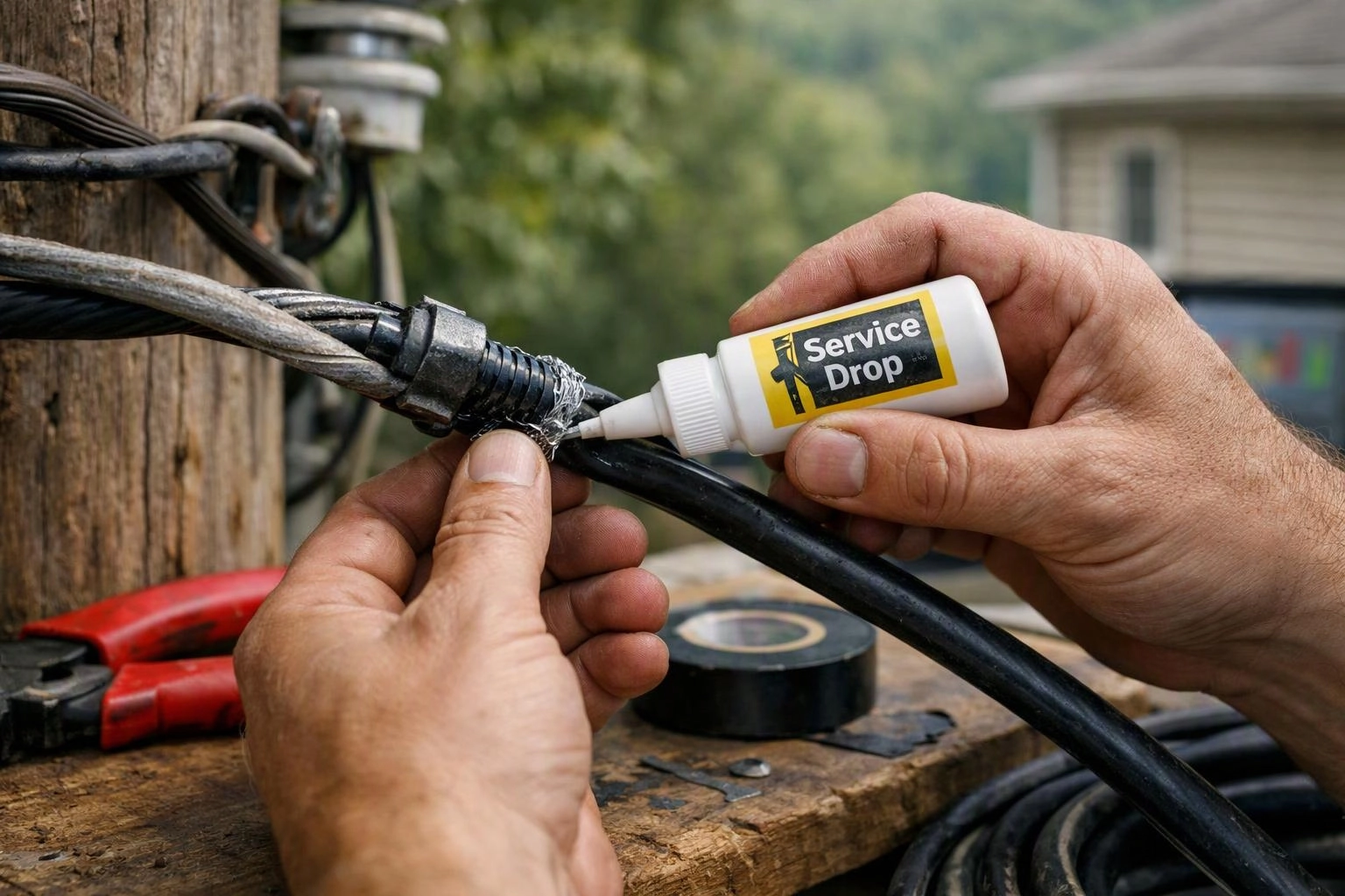 Hands apply adhesive to a damaged cable connection on a wooden workbench outdoors
