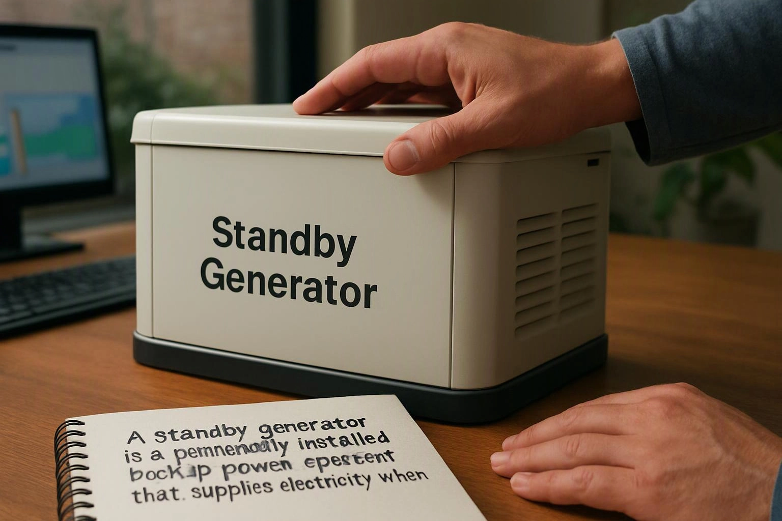 A hand rests on a small standby generator beside a notebook on a desk with a blurred computer in the background