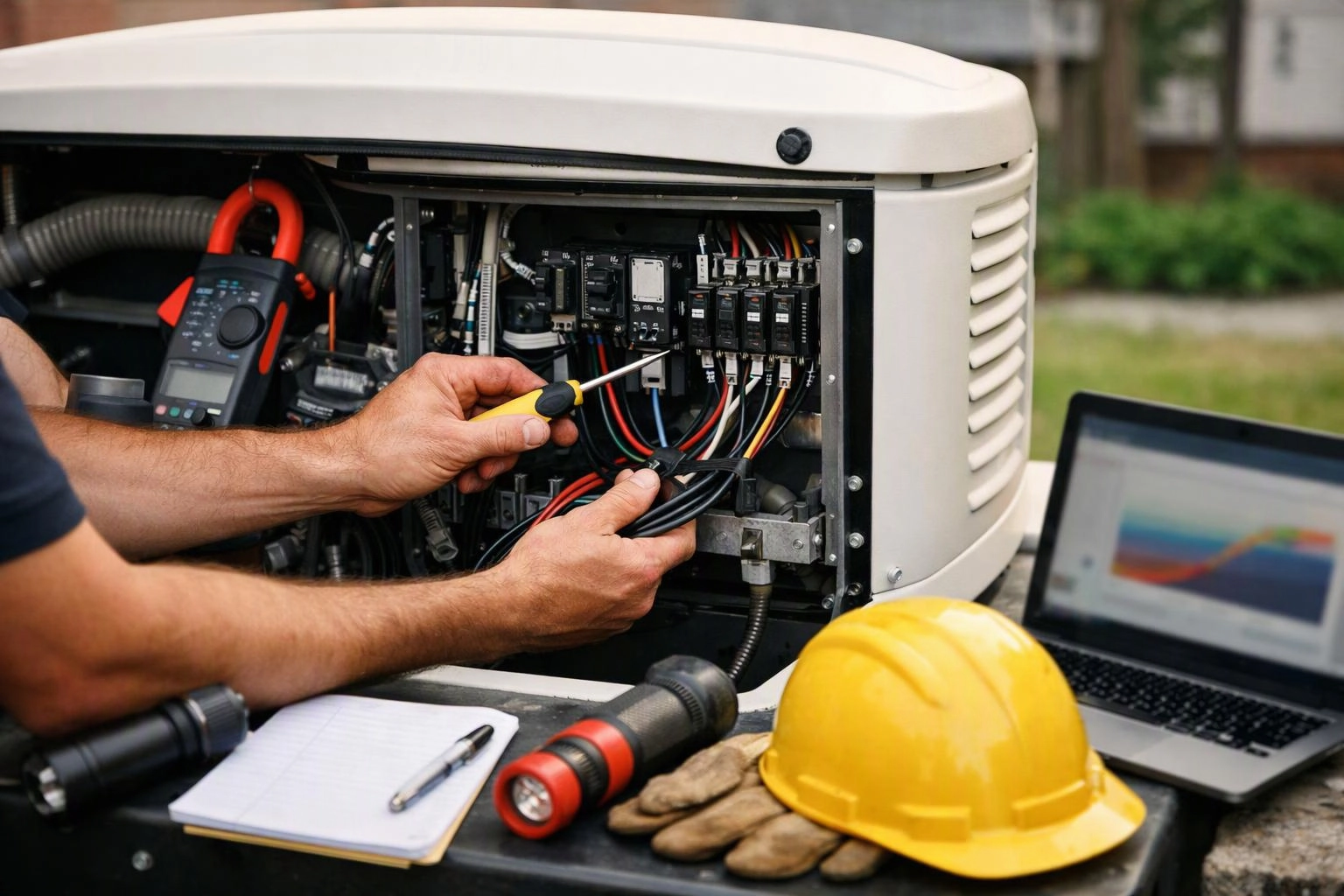 A technician repairs an open generator panel with tools, a laptop, a hard hat, and gloves nearby