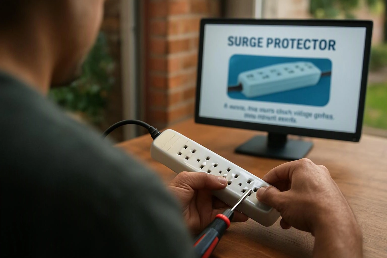 A person tests a white surge protector with a screwdriver while a monitor shows a surge protector diagram