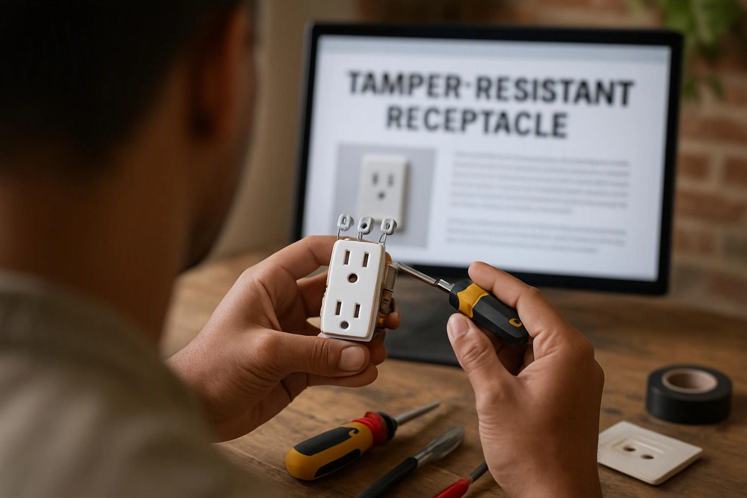 A person holds a tamper-resistant electrical outlet while using a screwdriver at a wooden desk with a laptop behind