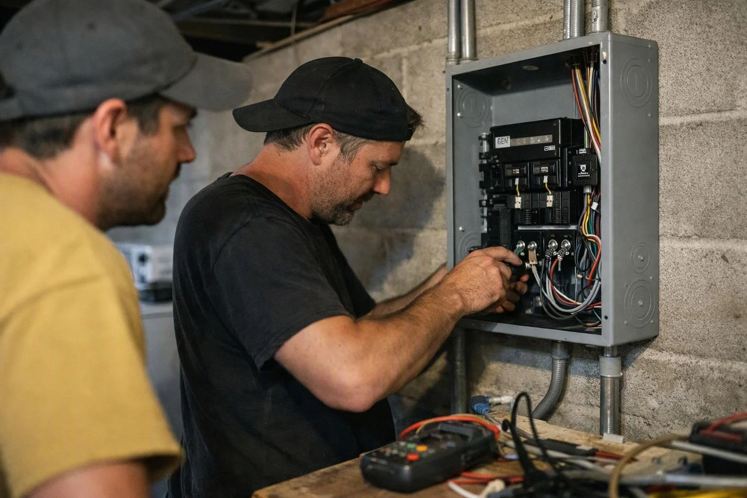 Two men inspect an open electrical breaker panel in a basement, one tightening wires while the other watches