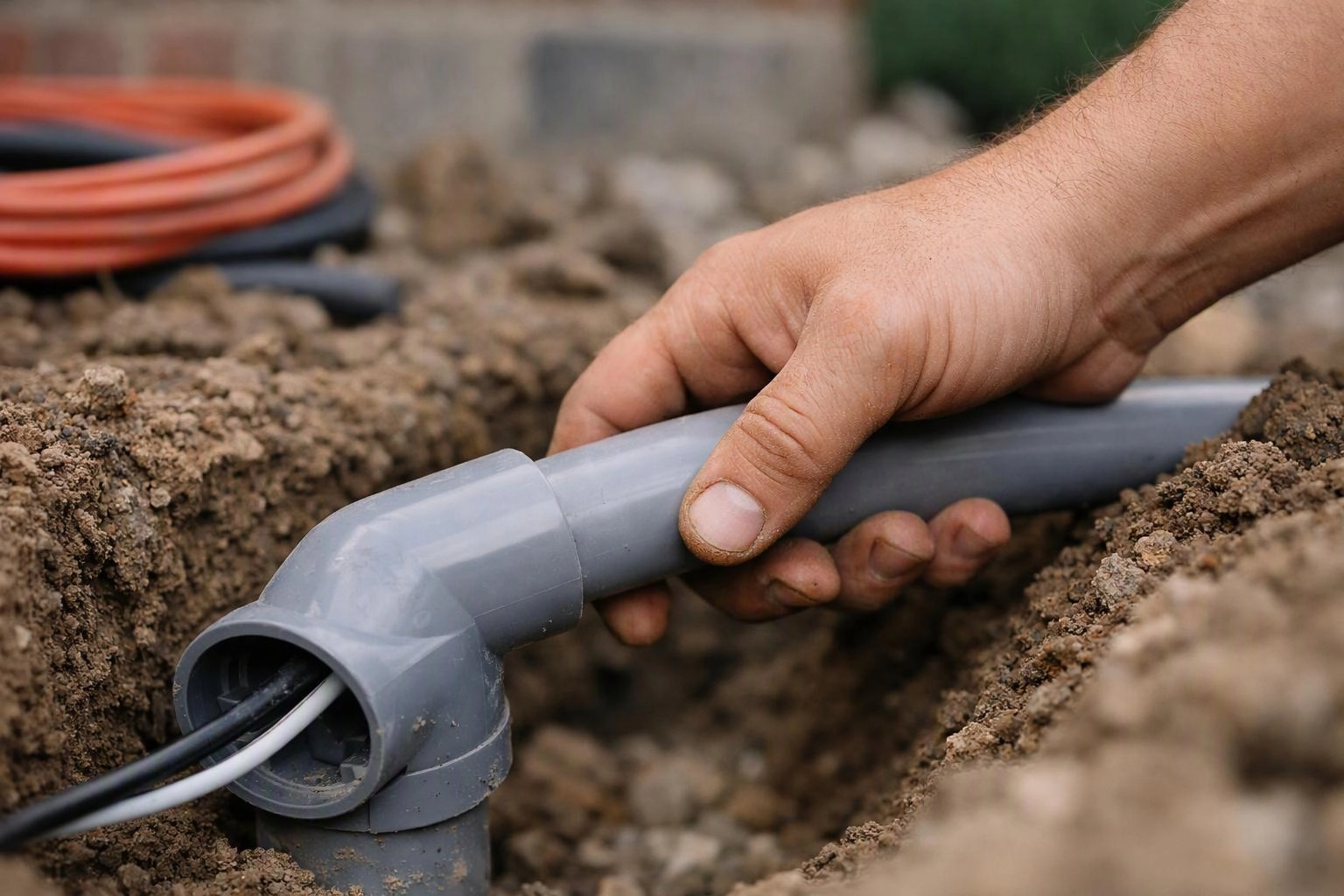A hand holds a gray pipe in a dirt trench with wires running through it
