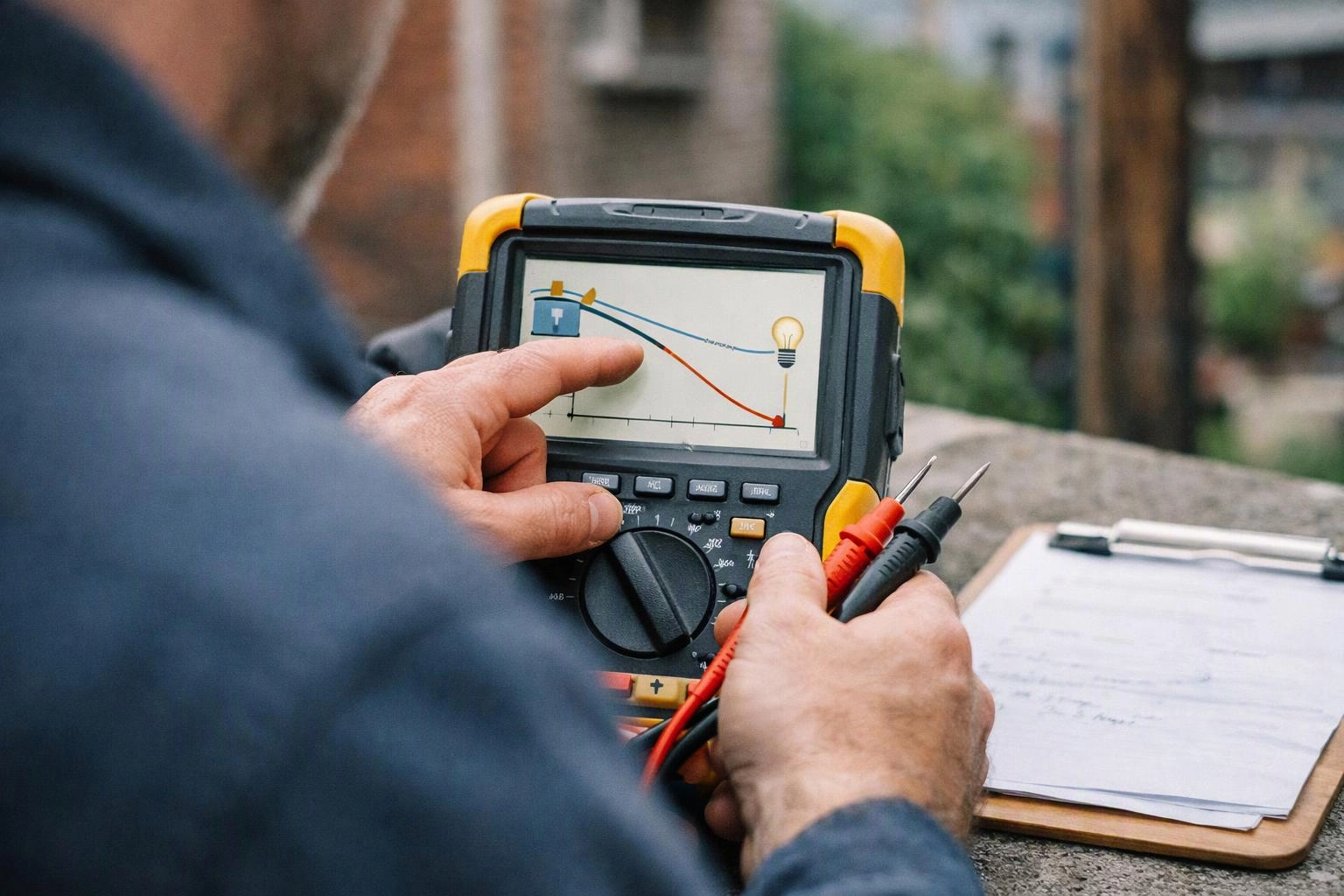 A person points at a handheld meter showing a graph while holding test probes outdoors