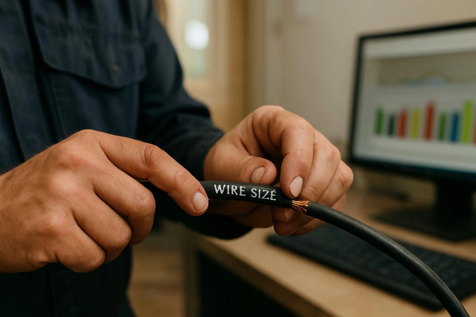 A person holds a black cable labeled “WIRE SIZE” beside a desk with a monitor showing a colorful bar chart