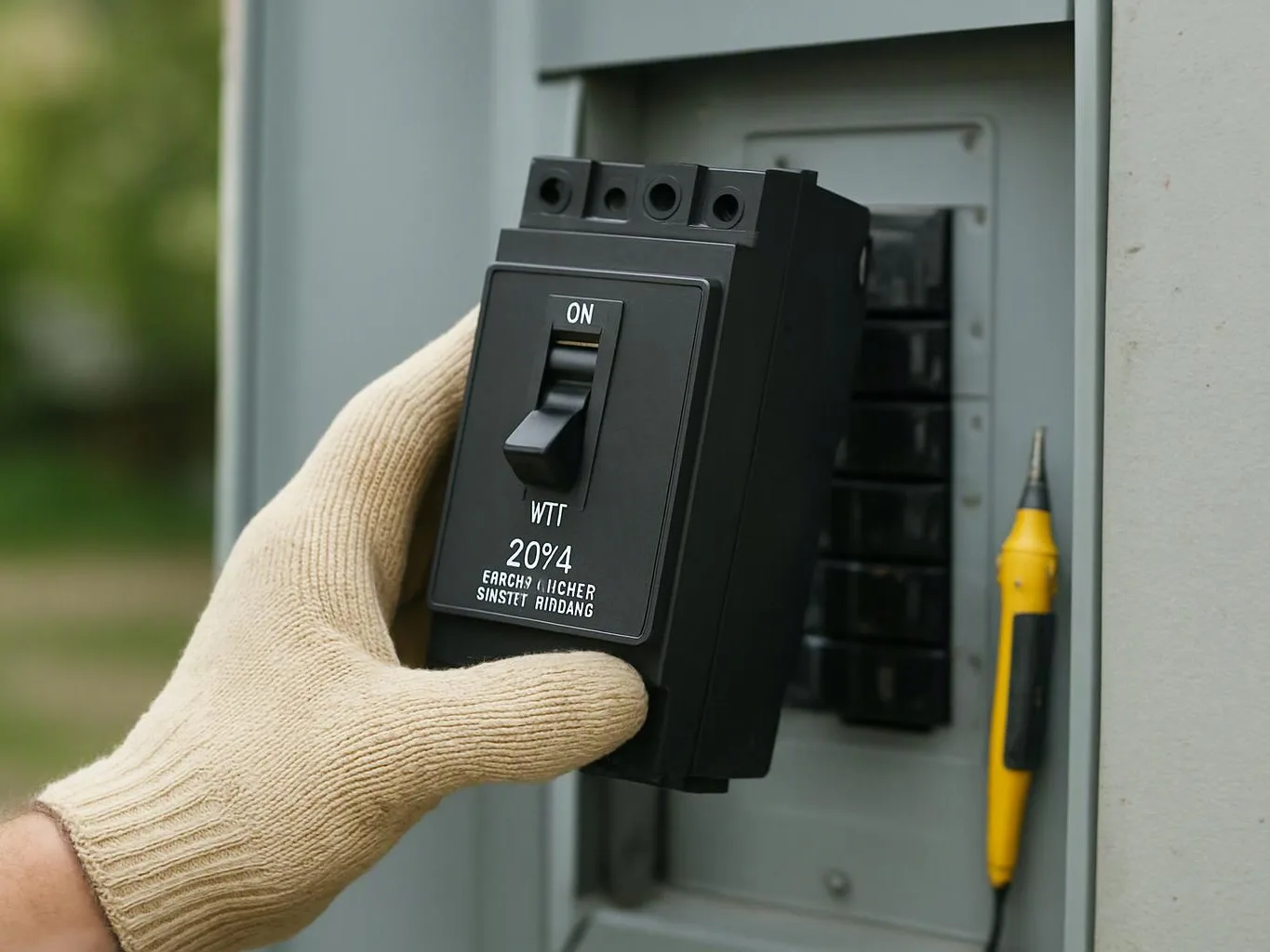 A gloved hand holds a black circuit breaker beside an open electrical panel outdoors