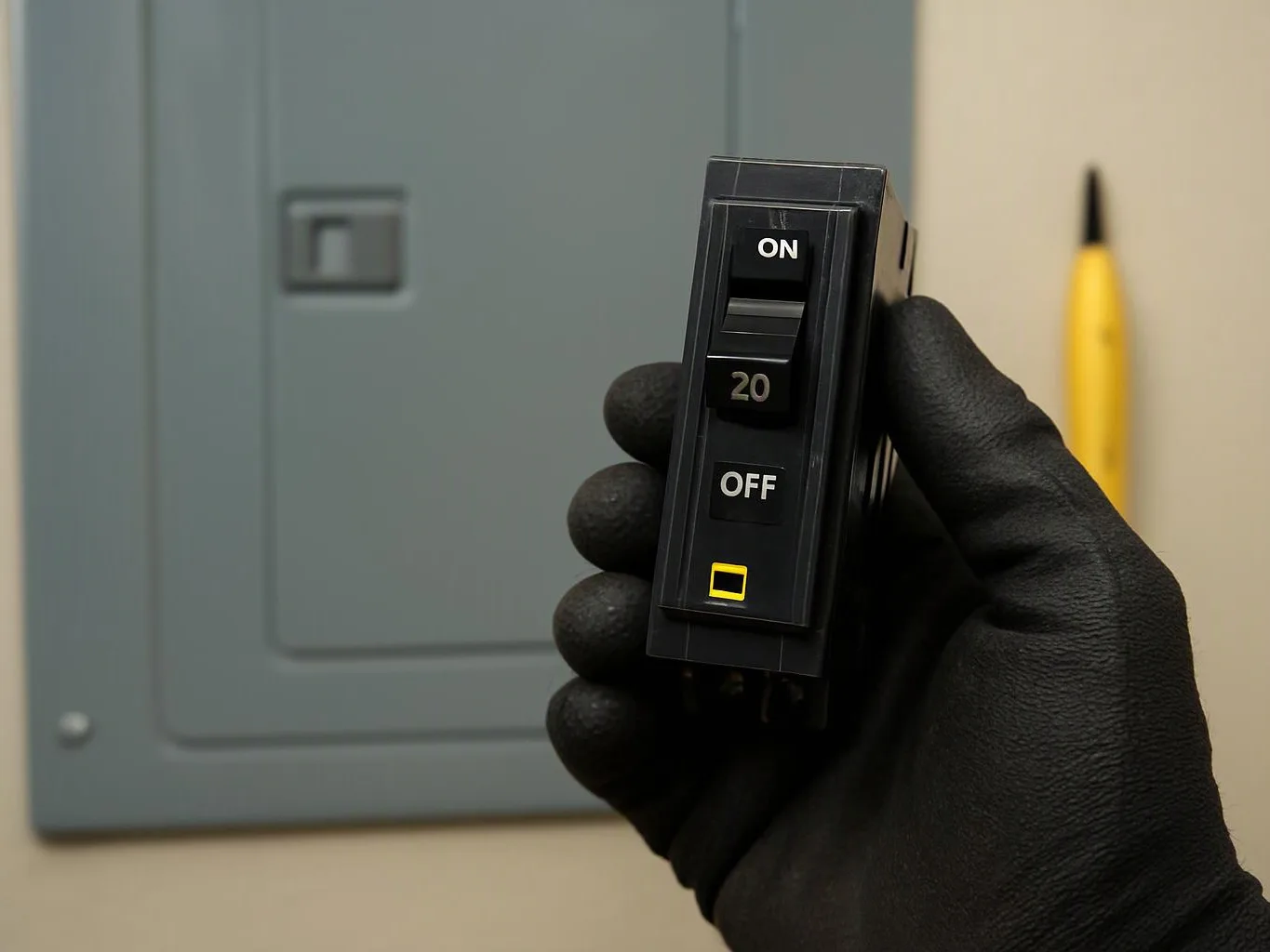A gloved hand holds a black circuit breaker switch in front of an electrical panel
