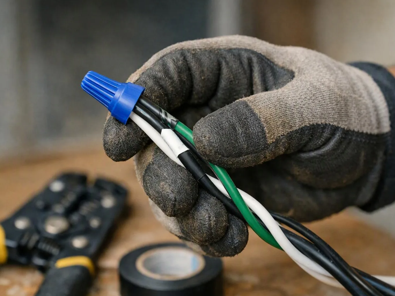 A gloved hand holds a blue wire nut and several twisted electrical wires over a workbench