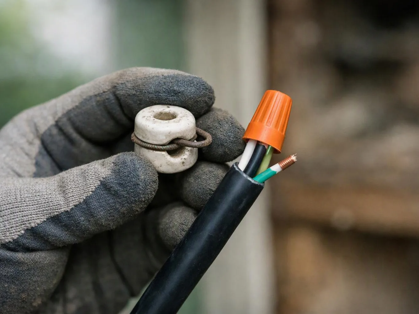 A gloved hand holds a ceramic insulator and a stripped electrical cable with exposed colored wires
