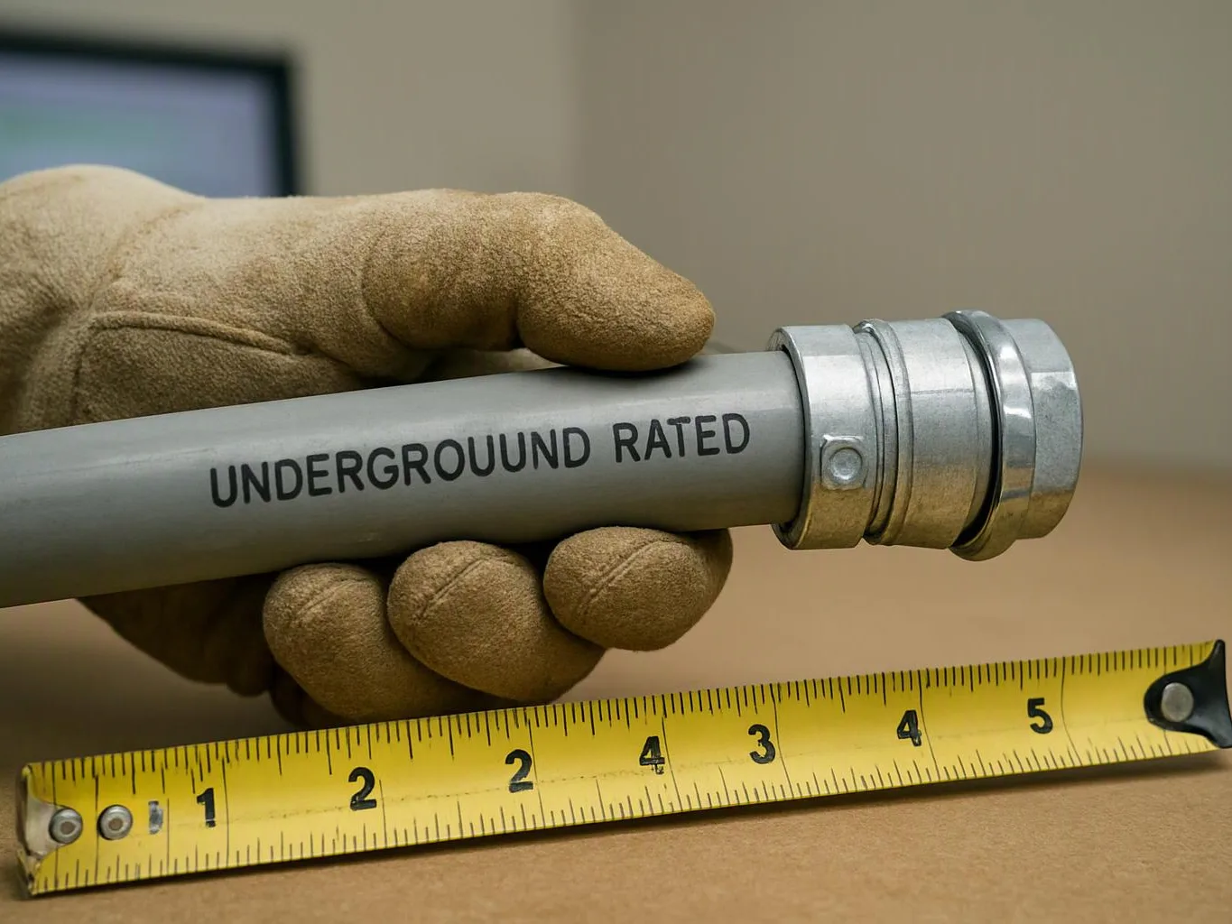 A gloved hand holds a gray conduit marked "UNDERGROUND RATED" above a yellow tape measure