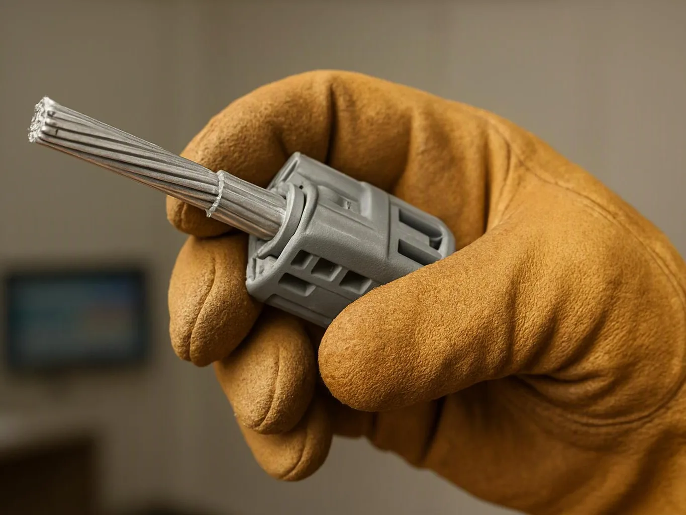 A gloved hand holds a gray electrical wire connector close to the camera