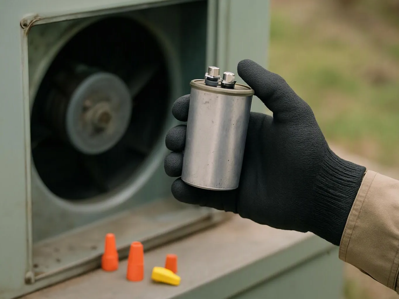 A gloved hand holds a metal capacitor beside an outdoor fan unit with small orange and yellow parts below
