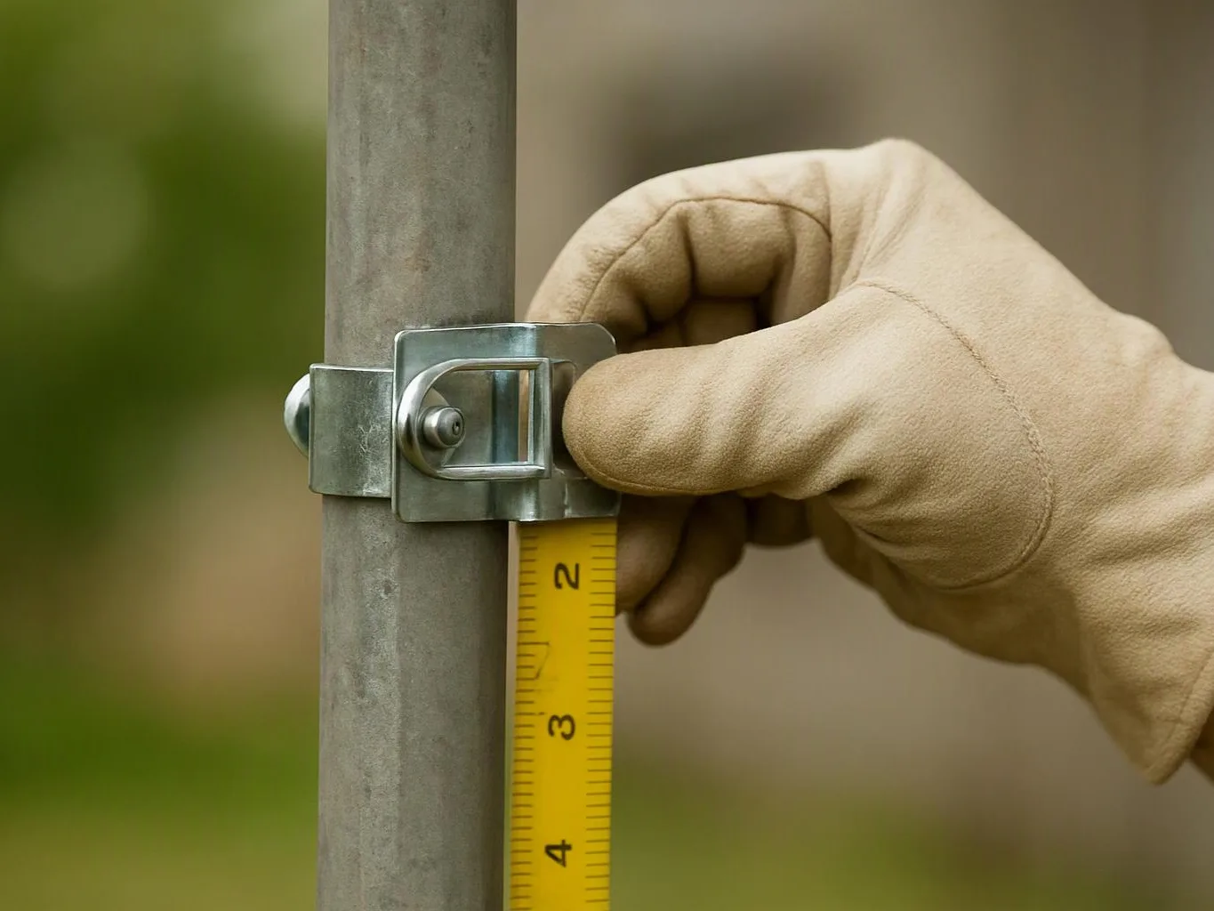 A gloved hand holds a metal clamp on a pole while a yellow tape measure hangs beside it
