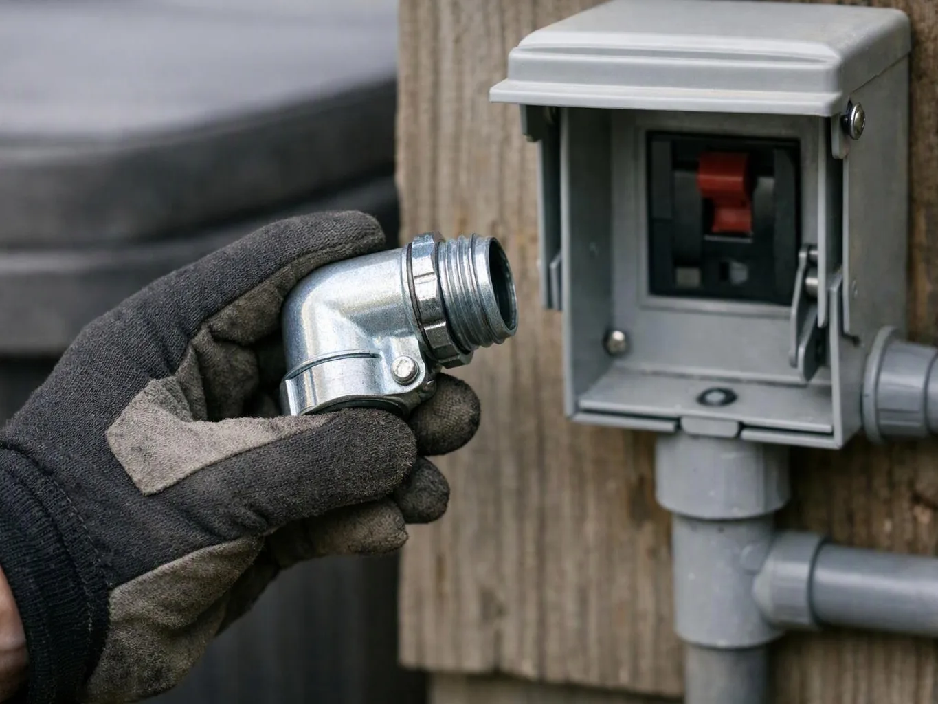 A gloved hand holds a metal conduit elbow beside an open outdoor electrical box on wood siding