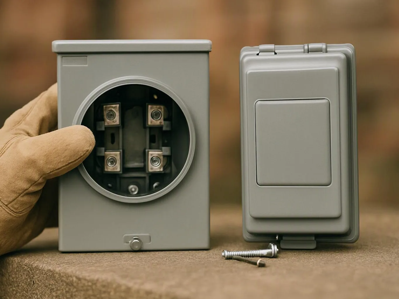 A gloved hand holds an open gray electrical box beside a closed matching cover with screws on a work surface