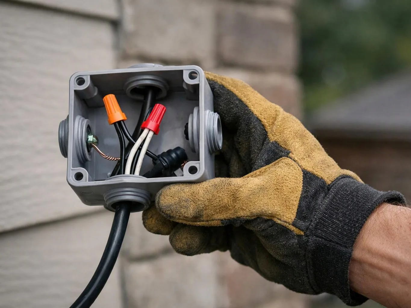 A gloved hand holds an open gray electrical junction box with connected wires outdoors￼