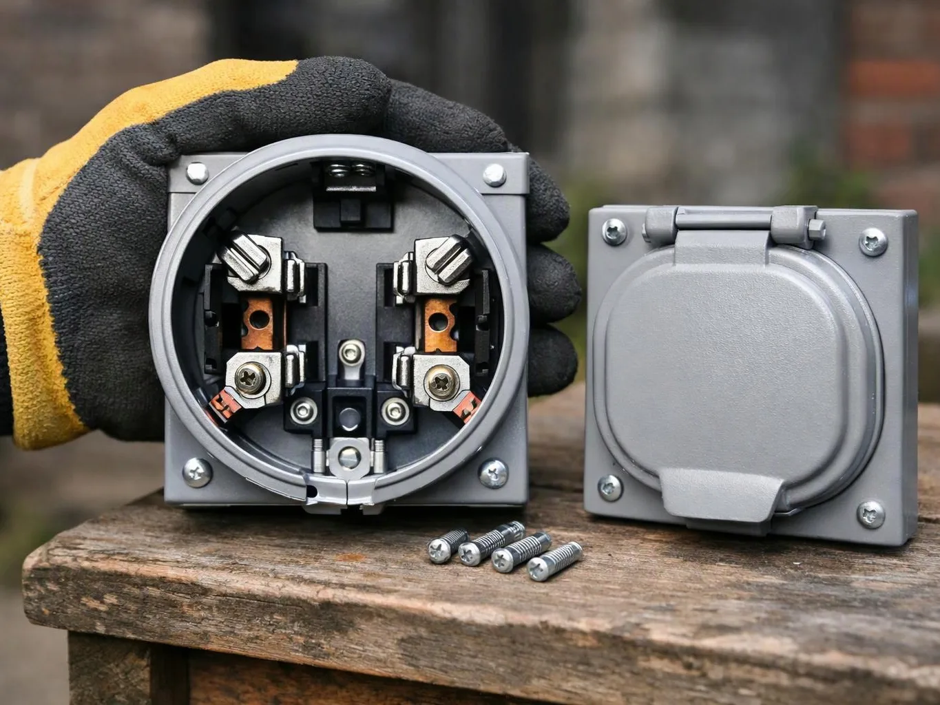 A gloved hand holds an open gray electrical outlet box beside a covered one on a wooden plank