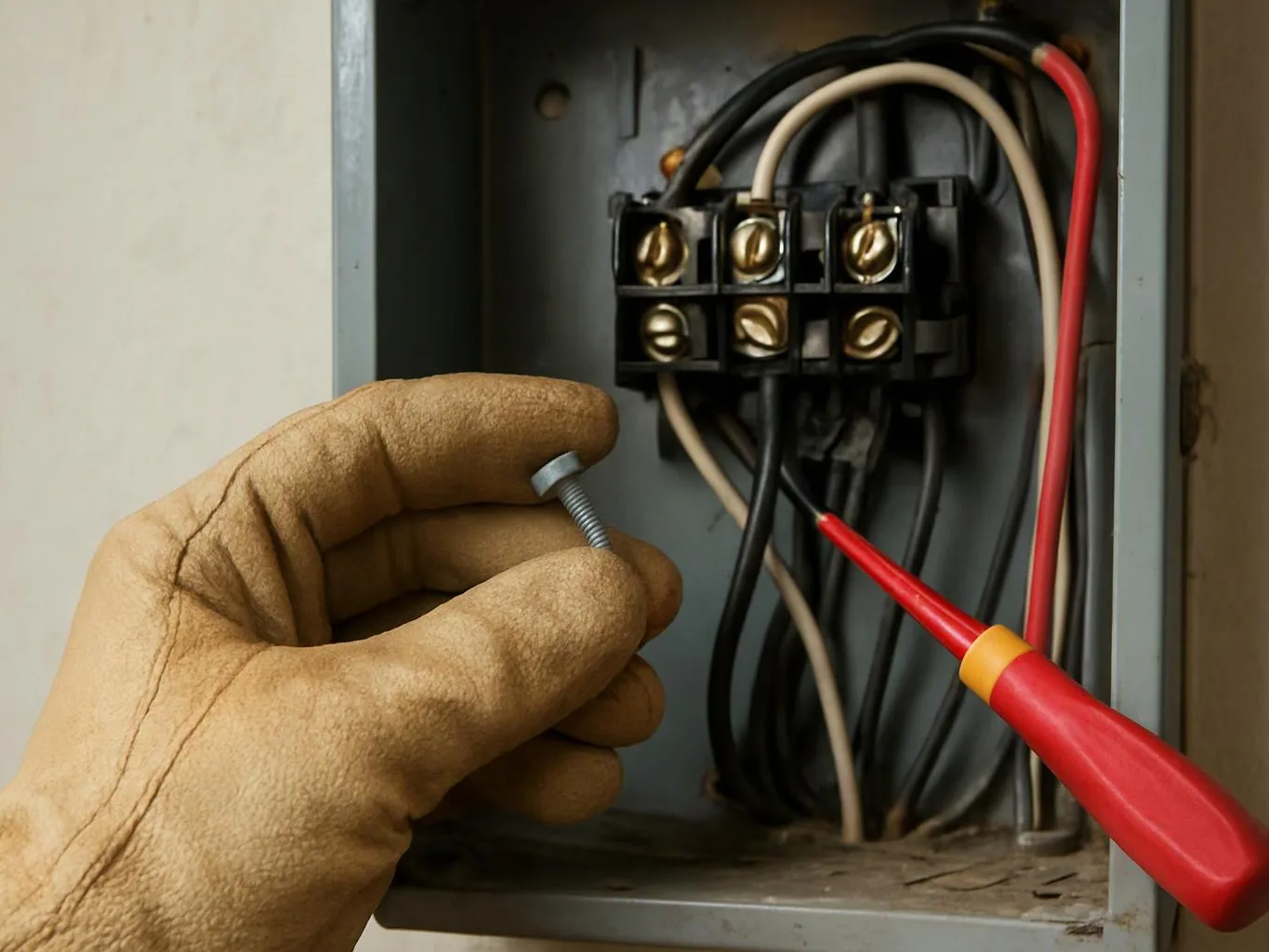 A gloved hand holds a screw near exposed wires inside an open electrical box while a red screwdriver points at the terminals