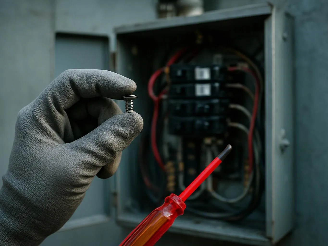 A gloved hand holds a small screw beside an open electrical panel and a red screwdriver