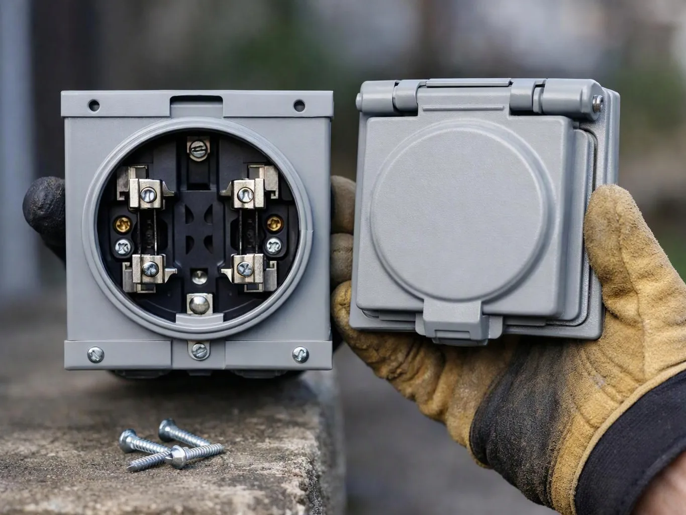 A gloved hand holds two gray electrical boxes, one open with terminals visible, beside loose screws on a stone surface