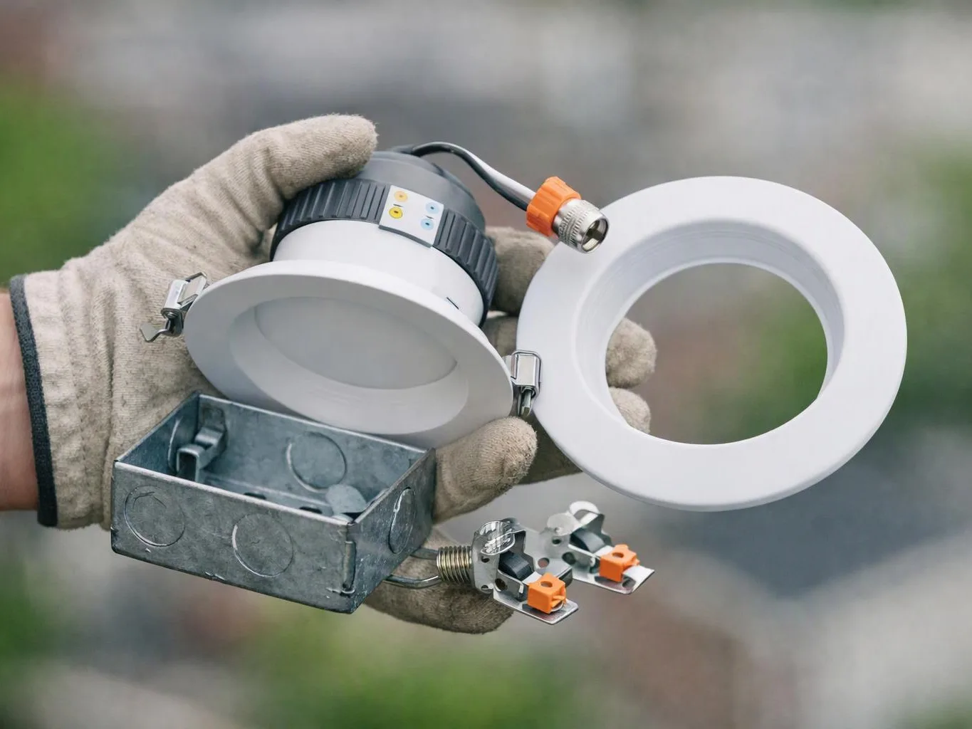 A gloved hand holds a white recessed light, a metal electrical box, and small wire connectors outdoors