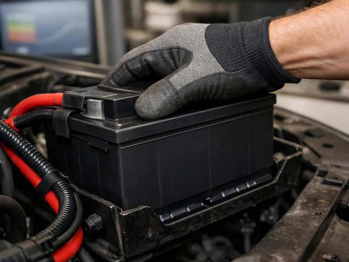 A gloved hand presses a car battery into place inside an open engine bay