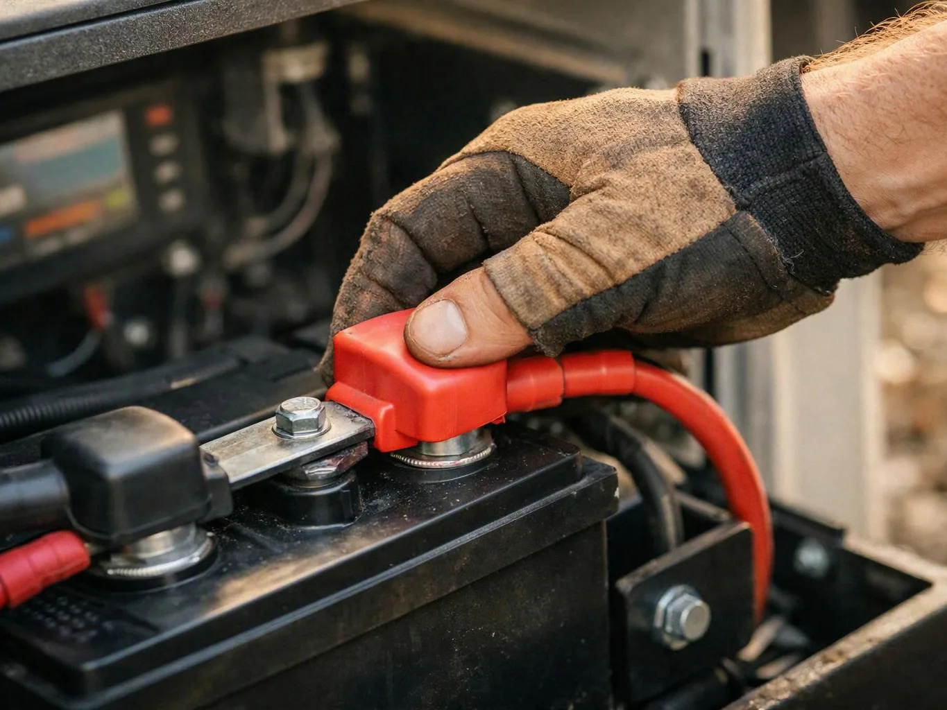 A gloved hand presses a red cable connector onto a battery terminal inside a machine compartment