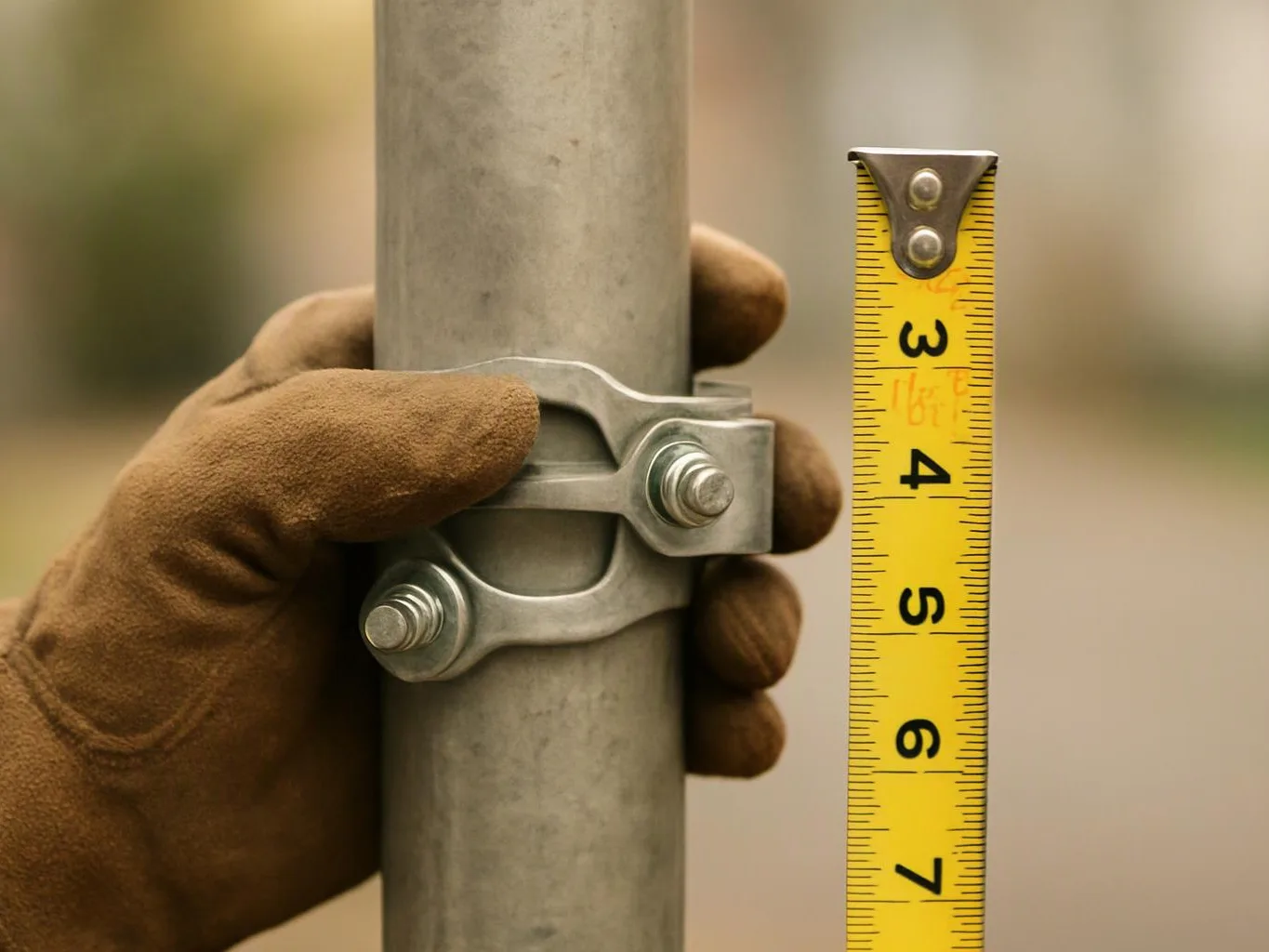 A gloved hand tightens a metal clamp around a gray pole beside a yellow measuring tape